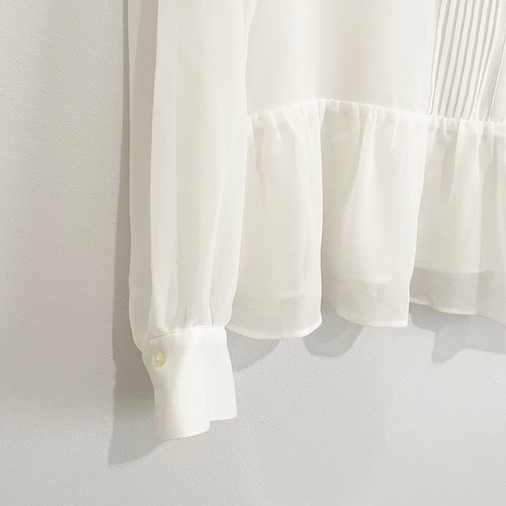 NWT DKNY Semi-Sheer Pleated Ruffle Hem Button Down Blouse Shirt L - Picture 3 of 8